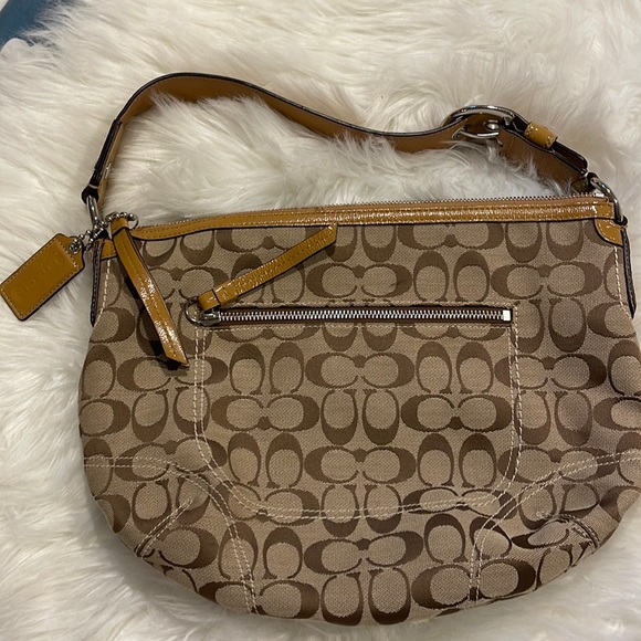 Coach Purse F13115 Tan Brown Canvas Leather Hobo Bag